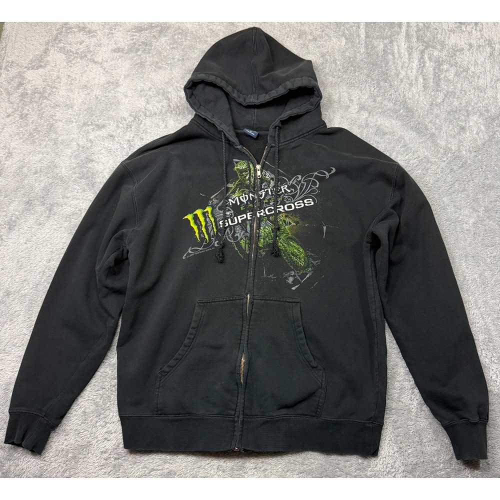 Y2K Monster Energy Supercross Hoodie Mens L Black Full Zip Sweatshirt Motocross